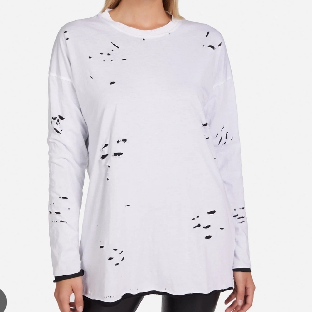 Michael Lauren Supima Cotton Double Layered Distressed White Long Sleeve Top L